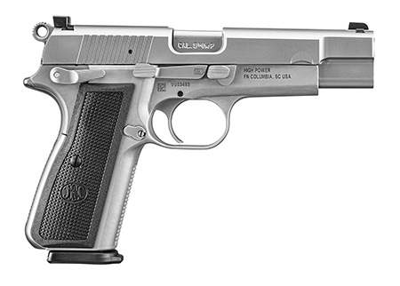 [845737013592] FN 66101068 High Power  9mm Luger 17+1, 4.70" Black Target Crown Steel Barrel, Stainless PVD Serrated Steel Slide, Matte Stainless Steel Frame w/Beavertail, Black Textured Polymer Grip, Ambidextrous