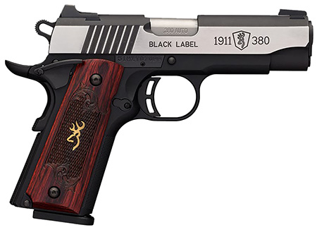 [023614443759] Browning 051913492 1911-380 Black Label Medallion Pro Compact 380 ACP 8+1, 3.63" Target Crown Steel Barrel, Blackened w/Silver Polished Flats Serrated SS Slide, Matte Black Polymer Frame w/Beavertail