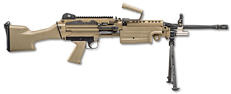 [845737015091] FN 46100170 M249S  5.56x45mm NATO 18.50" Barrel 30+1 Mag Or 200rd Belt Capacity, Flat Dark Earth Fixed Hydraulic Buffer Stock, Non-Slip Buttplate, Optics Ready