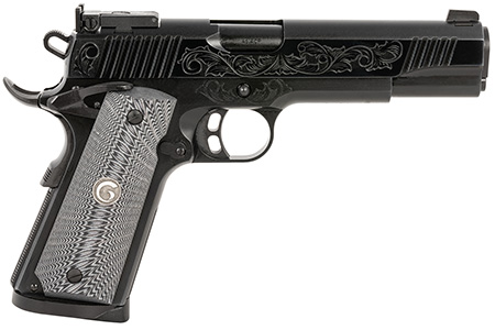 [741566904141] EAA GIRSAN 390098 MC1911 S Lux Full Size 45 ACP 8+,1 5" Black Steel Barrel, Black Chrome w/Engraving Serrated Slide, Black Chrome Engraved Steel Frame w/Beavertail, G10 Grips Ambidextrous