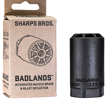 [850869008583] Sharps Bros BAD02 Badlands  Muzzle Brake/Blast Deflector, Heat Treated 17-4 Stainless Steel w/Nitride Finish, 5/8"-24 tpi Threads 2.75"L 1.50"D for Multi-Caliber (.223-.354) Full-Auto Rated