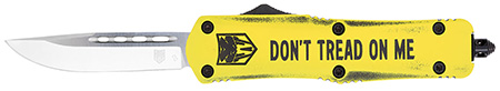 [099654039702] CobraTec Knives MDTOMFS3DNS FS-3 Don't Tread On Me Medium 3" OTF Drop Point Plain D2 Steel Blade Yellow w/"Don't Tread On Me" Aluminum Cerakoted Handle Features Glass Breaker Includes Pocket Clip