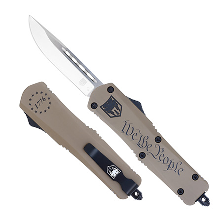 [099654039795] CobraTec Knives MWTPFS3DNS FS-3 We The People Medium 3" OTF Drop Point Plain D2 Steel Blade Tan w/"We The People" Aluminum Cerakoted Handle Features Glass Breaker Includes Pocket Clip