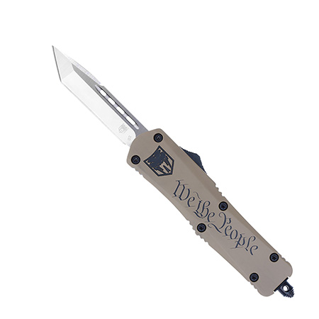 [099654039818] CobraTec Knives MWTPFS3TNS FS-3 We The People Medium 3" OTF Tanto Plain D2 Steel Blade Tan w/"We The People" Aluminum Cerakoted Handle Features Glass Breaker Includes Pocket Clip