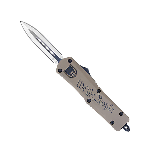 [099654039832] CobraTec Knives MWTPFS3DAGNS We The People  Medium 3" OTF Dagger Plain D2 Steel Blade/Tan w/"We The People" Features Glass Breaker Includes Pocket Clip