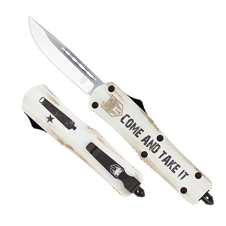 [099654040500] CobraTec Knives MCATIFS3DNS FS-3 Come And Take It 3" OTF Drop Point Plain 154CM SS Blade White w/"Come And Take It" Aluminum Cerakoted Handle Features Glass Breaker Includes Pocket Clip