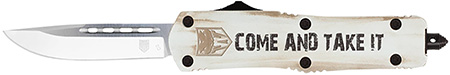 [099654040524] CobraTec Knives MCATIFS3TNS FS-3 Come And Take It 3" OTF Tanto Plain D2 Steel Blade/White w/"Come And Take It" Cerakoted Aluminum Handle Features Glass Breaker Includes Pocket Clip