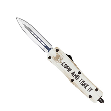 [099654040548] CobraTec Knives MCATIFS3DAGNS FS-3 Come And Take It Medium 3" OTF Dagger Plain D2 Steel Blade White w/"Come And Take It" Aluminum Cerakoted Handle Features Glass Breaker Includes Pocket Clip