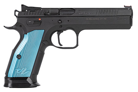 [806703912226] CZ-USA 91222 TS 2  40 S&W 17+1 5.28" Black Steel Barrel, Black Serrated Steel Slide, Black Polycoat Steel Frame w/Beavertail, Blue Checkered Aluminum Grip, Ambidextrous