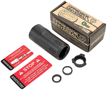 [793811764864] Strike Industries BS-OPPRESSOR-U-BK Oppressor Universal Blast Shield Multi-Cal 3.37"L 1.61"D Black Anodized Steel/Aluminum for Barrels with 1/2"  &  5/8" Threads (Max .98"D Barrels)