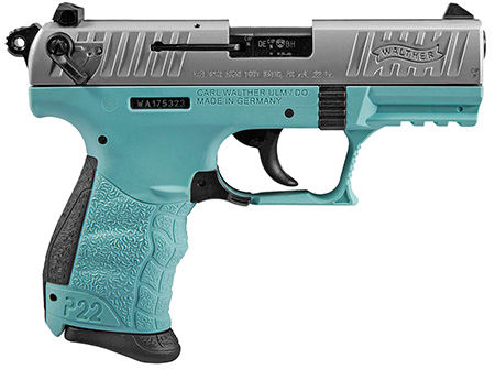[723364211140] Walther Arms 5120362 P22 *CA Compliant 22 LR 10+1 3.42" Stainless Steel Serrated/Steel Slide, Angel Blue Polymer Frame w/Picatinny Rail, Black Interchangeable Backstrap Grips