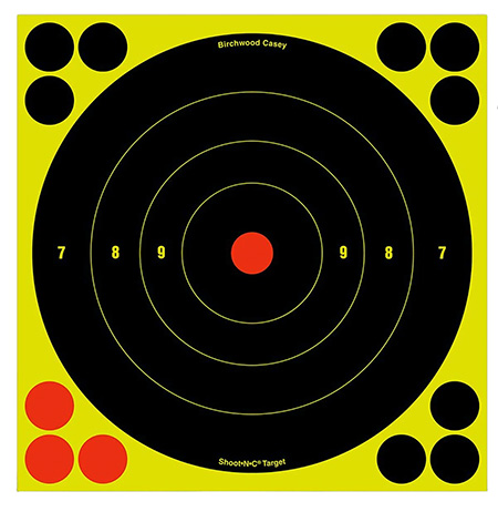 [029057348057] Birchwood Casey 34805 Shoot-N-C Reactive Target Self-Adhesive Paper Black/Yellow/Red 8" Bullseye 6 Pack