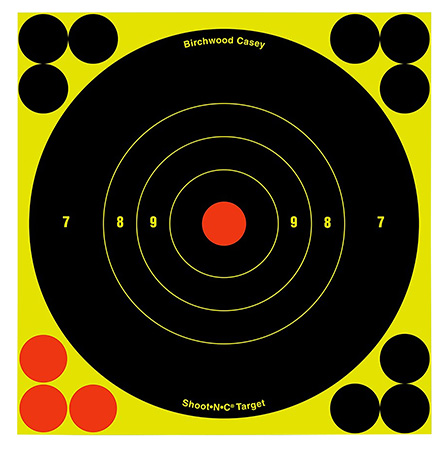 [029057345506] Birchwood Casey 34550 Shoot-N-C Reactive Target Self-Adhesive Paper Black/Yellow/Red 6" Bullseye 60 Pack