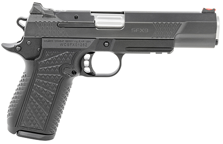 [810025505875] Wilson Combat SFX9FSR5 SFX9  9mm Luger 15+1 5" Stainless Match Grade Barrel, Black DLC Serrated Stainless Steel Slide, Black Aluminum Frame w/Beavertail  &  Picatinny Rail, Black Polymer Grip
