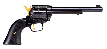 [727962707074] Heritage Mfg RR22B6-GLD Rough Rider  22 LR 6 Shot 6.50" Black Oxide Alloy Steel Barrel, Black w/Gold Accents Steel Frame, Black Oxide Cylinder, Black Laminate Wood Grip, Manual Safety, Exposed Hammer