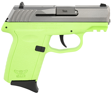 [810099570380] SCCY Industries CPX-2TTLGG3 CPX-2 Gen3 9mm Luger Caliber with 3.10" Barrel, 10+1 Capacity, Lime Green Finish Picatinny Rail Frame, Serrated Stainless Steel Slide, Polymer Grip  &  No Manual Thumb Safety