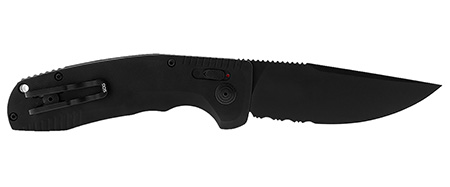 [729857011662] S.O.G SOG15380257 SOG-TAC Auto 3.43" Folding Part Serrated Black TiNi Cryo D2 Steel Blade Black Micro-Textured Anodized Aluminum Handle Includes Pocket Clip