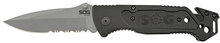 [729857996945] S.O.G SOG-FF24-CP Escape  3.40" Folding Clip Point Part Serrated Bead Blasted 9Cr18MoV SS Blade Black Anodized Aluminum Handle Includes Belt Clip