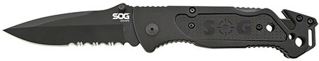 [729857996631] S.O.G SOGFF25CP Escape  3.40" Folding Clip Point Part Serrated Black Hardcased 9Cr18MoV SS Blade Black Anodized Aluminum Handle Includes Belt Clip