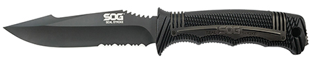 [729857002516] S.O.G SOGSS1003CP Seal Strike 4.90" Fixed Clip Point Part Serrated AUS-8A SS Blade Black Textured GRN/SS Handle Includes Belt Clip/Sheath