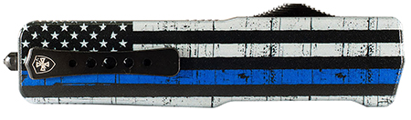 [093674818361] Templar Knife SABTB32 Premium LW We Back You Small 3" OTF Drop Point Plain Black Oxide Stonewashed D2 Steel Blade, 4.50" Black  &  White w/Blue Line Aluminum Handle