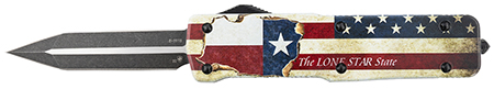 [093674817326] Templar Knife LZTX121 Premium Weighted Texan Large 3.55" OTF Dagger Plain Black Oxide Stonewashed D2 Steel Blade, 5.25" Red/White/Blue w/"The LONE STAR State" Aluminum Zinc Alloy Handle