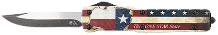 [093674817401] Templar Knife MZTX321 Premium Weighted Texan Slim 3.16" OTF Drop Point Plain Black Oxide Stonewashed D2 Steel Blade, 4.93" Red/White/Blue w/"The LONE STAR State" Aluminum Zinc Alloy Handle