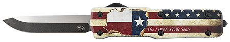 [093674817463] Templar Knife SZTX321 Premium Weighted Texan Small 3" OTF Drop Point Plain Black Oxide Stonewashed D2 Steel Blade, 4.50" Red/White/Blue w/"The LONE STAR State" Aluminum Zinc Alloy Handle