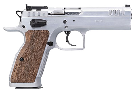 [8051770131601] Tanfoglio IFG TFSTOCK245 Stock II Competition 45 ACP 10+1, 4.44" Stainless Polygonal Rifled Barrel, Stainless Ported/Serrated Slide, Stainless Steel Frame, Brown Polymer Grip