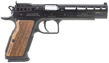 [8051770131441] Tanfoglio IFG TFGOLDM9 Gold Match  9mm Luger Caliber with 6" Barrel, 16+1 Capacity, Overall Matte Black Finish Steel Beavertail Frame, Ported Slide  &  Wood Grip