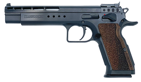 [8051770131427] Tanfoglio TFGOLDM45 Gold Match  45 ACP 10+1 6" Black Steel Barrel, Matte Black Ported Steel Slide, Matte Black Steel Frame w/Beavertail, Wood Grip