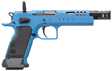 [8051770131281] Tanfoglio IFG TFDOM9 Domina  9mm Luger Caliber with 5.20" Barrel, 17+1 or 19+1 Capacity, Overall Blue Finish Steel, Beavertail Frame, Ported Slide  &  Black Polymer Grip