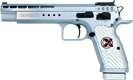 [8051770131472] Tanfoglio IFG TFGOLDMX9 Gold Match Xtreme 9mm Luger 16+1 6" Stainless Polygonal Rifled Barrel, Stainless Ported Slide, Stainless Steel Frame w/Beavertail, White Polymer Grip, Right Hand