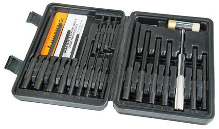 [661120001409] Wheeler 110128 Master Roll Pin Punch Set Steel Universal Knurled Handle 19 Pieces