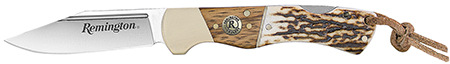 [047700156545] Remington Accessories 15654 Guide Lock Back 4.00" Folding V-Flat Stainless Steel Blade, Stag Bone Handle w/Remington Shield, Nickle Silver Bolsters, Includes Leather Lanyard