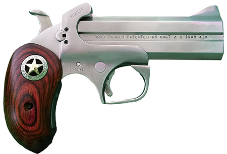 [855959001574] Bond Arms BARR Rustic Ranger  45 Colt (LC) 410 Gauge 2rd Shot 4.25" Matte Stainless Stainless Stainless Steel Frame Rosewood w/Integrated Star Grips
