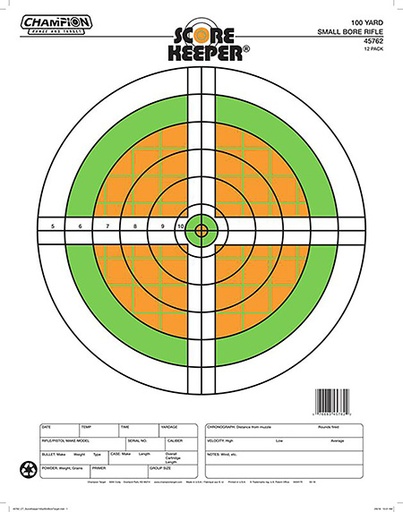 [076683457622] Champion Targets 45762 Score Keeper Sight-In Bullseye Paper Hanging 100 yds Small Bore Rifle Fluorescent Green  &  Orange/White 12 PK