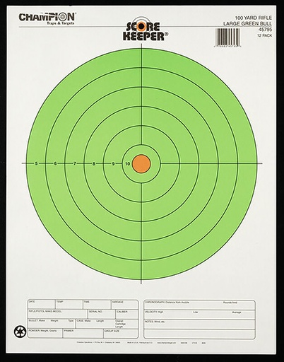 [076683457950] Champion Targets 45795 Score Keeper  Bullseye Paper Hanging 100 yds Rifle Large Fluorescent Green  &  Orange 12 PK