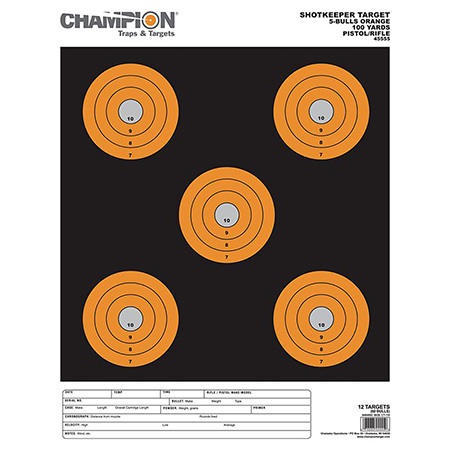 [076683455550] Champion Targets 45555 Shotkeeper  5" Bullseye Paper 100 yds Pistol/Rifle Large Black/Orange 12 PK