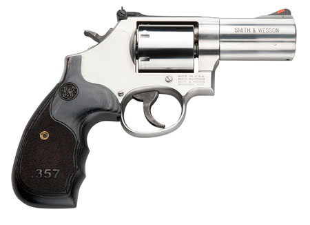 [022188145175] Smith  &  Wesson 150853 Model 686 Plus 357 Mag 7rd Shot 3" Satin Stainless Steel Barrel, Cylinder  &  Frame, Black/Silver Custom Wood Grip