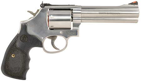 [022188145144] Smith  &  Wesson 150854 Model 686 Plus 38 S&W Spl +P, 357 Mag 7rd 5" Stainless Steel Barrel  &  Cylinder Satin Stainless Steel Frame with Black  &  Silver Custom Wood Grip  &  Red Ramp Front Sight