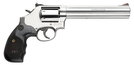 [022188145151] Smith  &  Wesson 150855 Model 686 Plus 38 S&W Spl +P, 357 Mag 7rd 7" Stainless Steel Barrel  &  Cylinder Satin Stainless Steel Frame with Black  &  Silver Custom Wood Grip  &  Red Ramp Front Sight