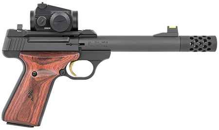 [023614853930] Browning 051580490 Buck Mark Hunter 22 LR 10+1 5.90" Bull/Threaded/Muzzle Brake Barrel, Matte Black Serrated Steel Slide  &  Aluminum Frame Laminate Cocobolo Grips, Vortex Crossfire Red Dot