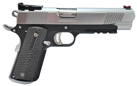 [850030381293] Global Defense GDTBTT455G10 Thunderbolt  45 ACP 8+1 5" Barrel, Matte Black Steel Frame, Matte Chrome Steel Slide w/Front Serrations, Checkered Gray G10 Grip, Manual Safety