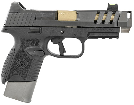 [845737015411] FN 66101347 509 CC Edge 9mm Luger 12+1/15+1 (2) 4.20" Threaded Gold Barrel, Black Frame, Graphite Optic  &  Lightening Cut Slide, Optic Height Fiber Optic Sights, Compensator (No Manual)