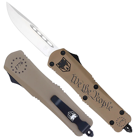 [099654041613] CobraTec Knives SWTPFS3DNS FS-3 We The People Small 2.75" OTF Drop Point Plain Aluminum Cerakoted D2 Steel Blade, Tan "We The People" Aluminum Handle