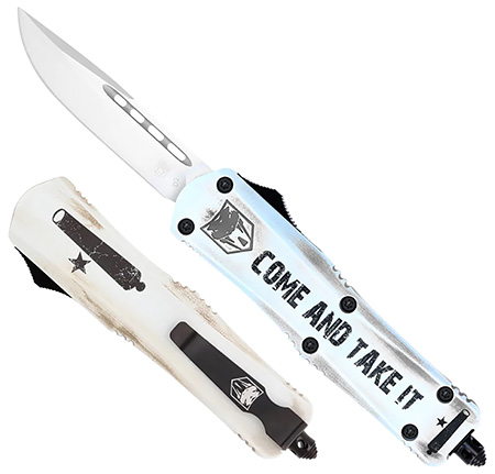 [099654041736] CobraTec Knives SCATIFS3DNS FS-3 Come And Take It Small 3" OTF Drop Point Plain D2 Steel Blade 4.50" White "Come And Take It" Aluminum Cerakoted Handle Includes Glass Breaker/Pocket Clip