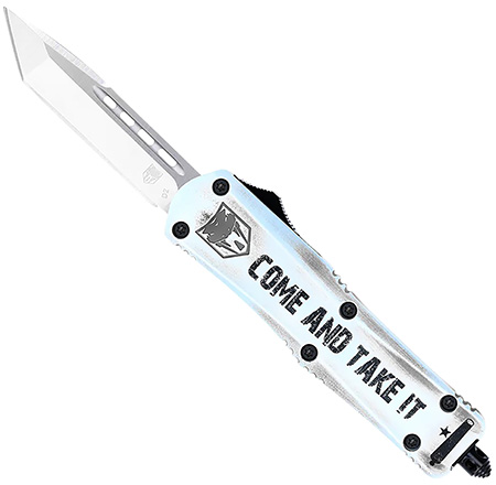 [099654041750] CobraTec Knives SCATIFS3TNS FS-3 Come And Take It Small 3" OTF Tanto Plain Satin D2 Steel Blade, 4.50" White "Come And Take It" Aluminum Cerakoted Handle