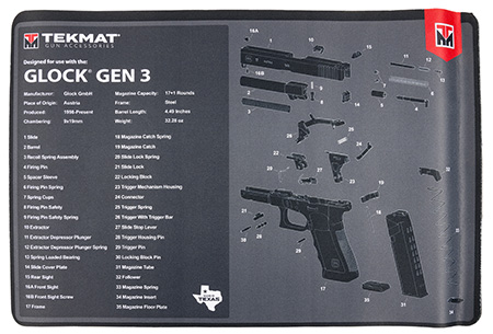 [888151037188] TekMat TEKR17GLOCKG3 Glock Gen 3  Black/White Rubber 11"x17" Glock Gen3 Parts Diagram