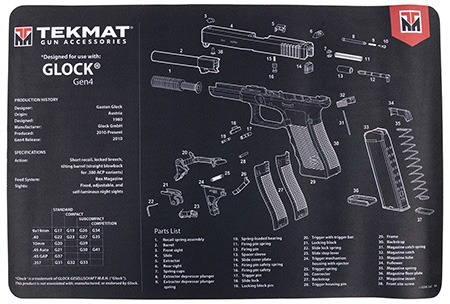 [612409970794] TekMat TEKR17GLOCKG4 Glock Gen4 Cleaning Mat Black/White Rubber 11"x17" Glock Gen4 Parts Diagram